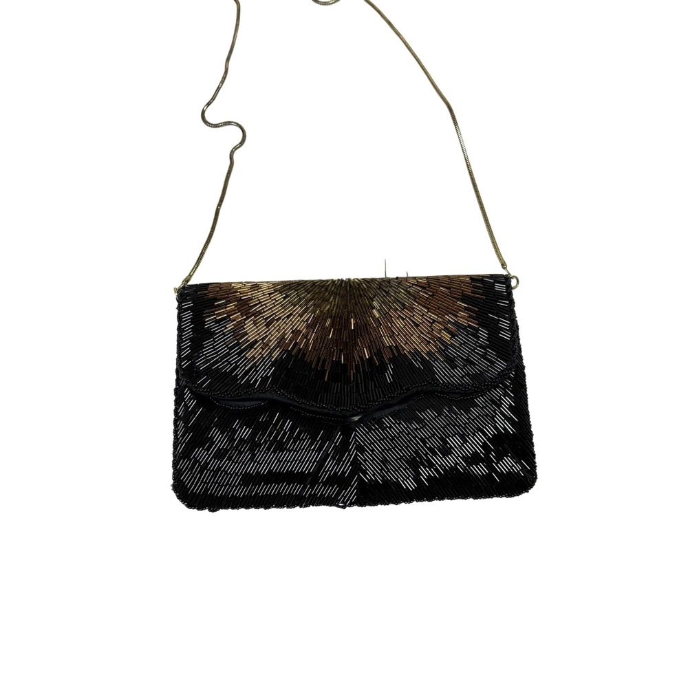Vintage 90s La Regale Gold Bronze Black Beaded Convertible Evening Clutch